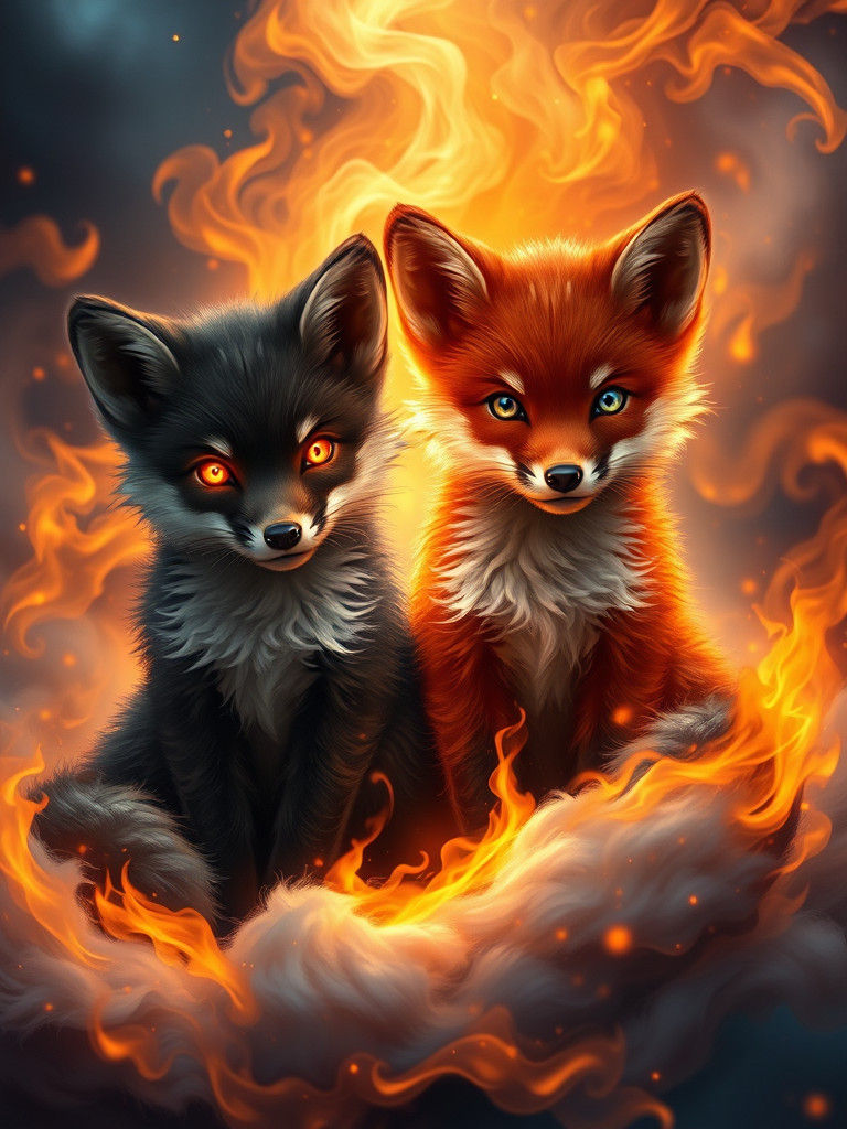 Fox Pups in Ethereal Flames: Matte Painting