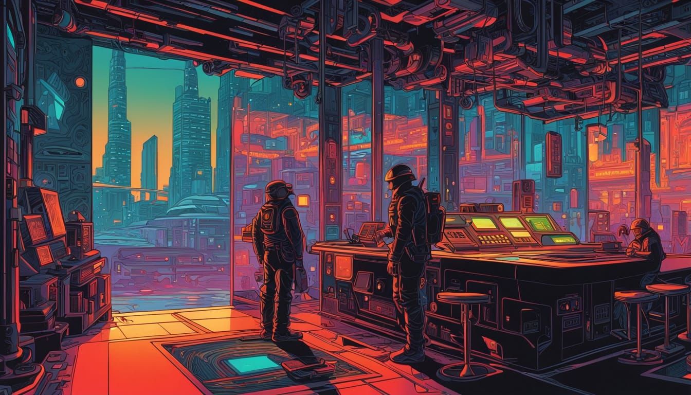 Cyberpunk Industrial Warriors in Neon-Lit Factory