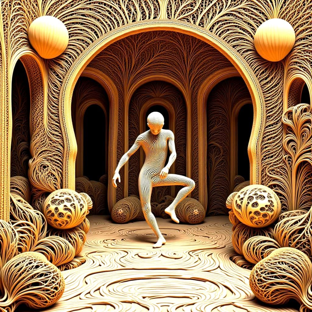 Surreal Man Dancing Beside Bicycle in Art Gallery Jungle