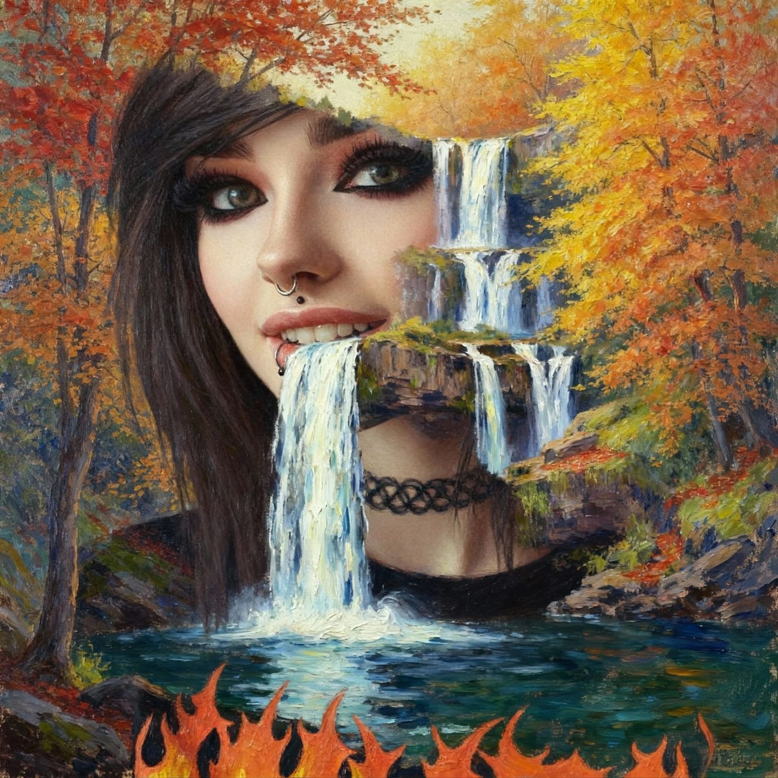 Woman's Face Merges with Waterfall in Double Exposure