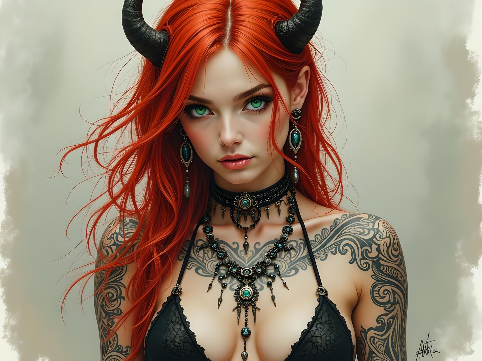 Redhead Goth Warrior Woman in Pencil and Watercolor