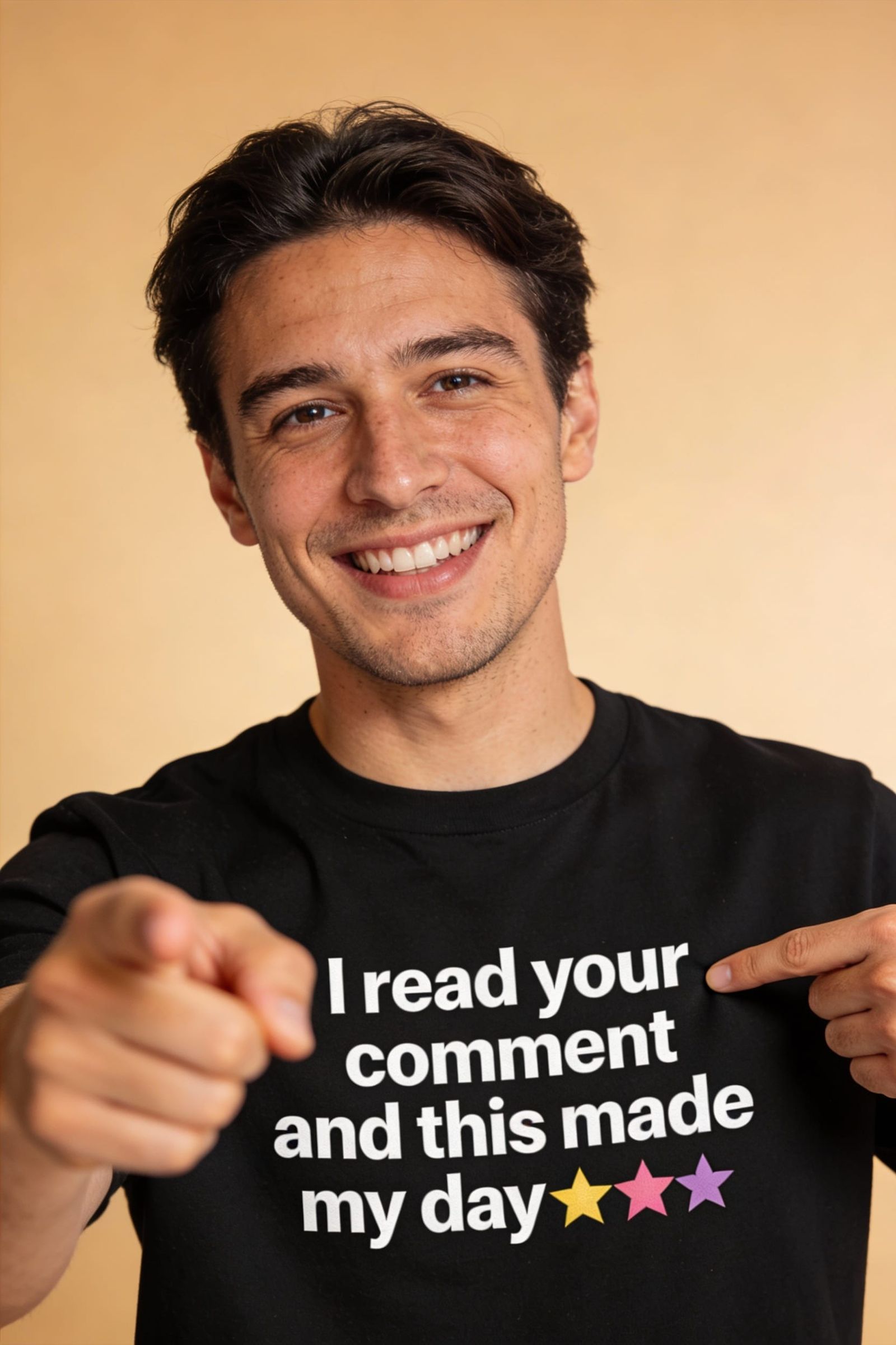 Man Points to T-Shirt Message and Viewer