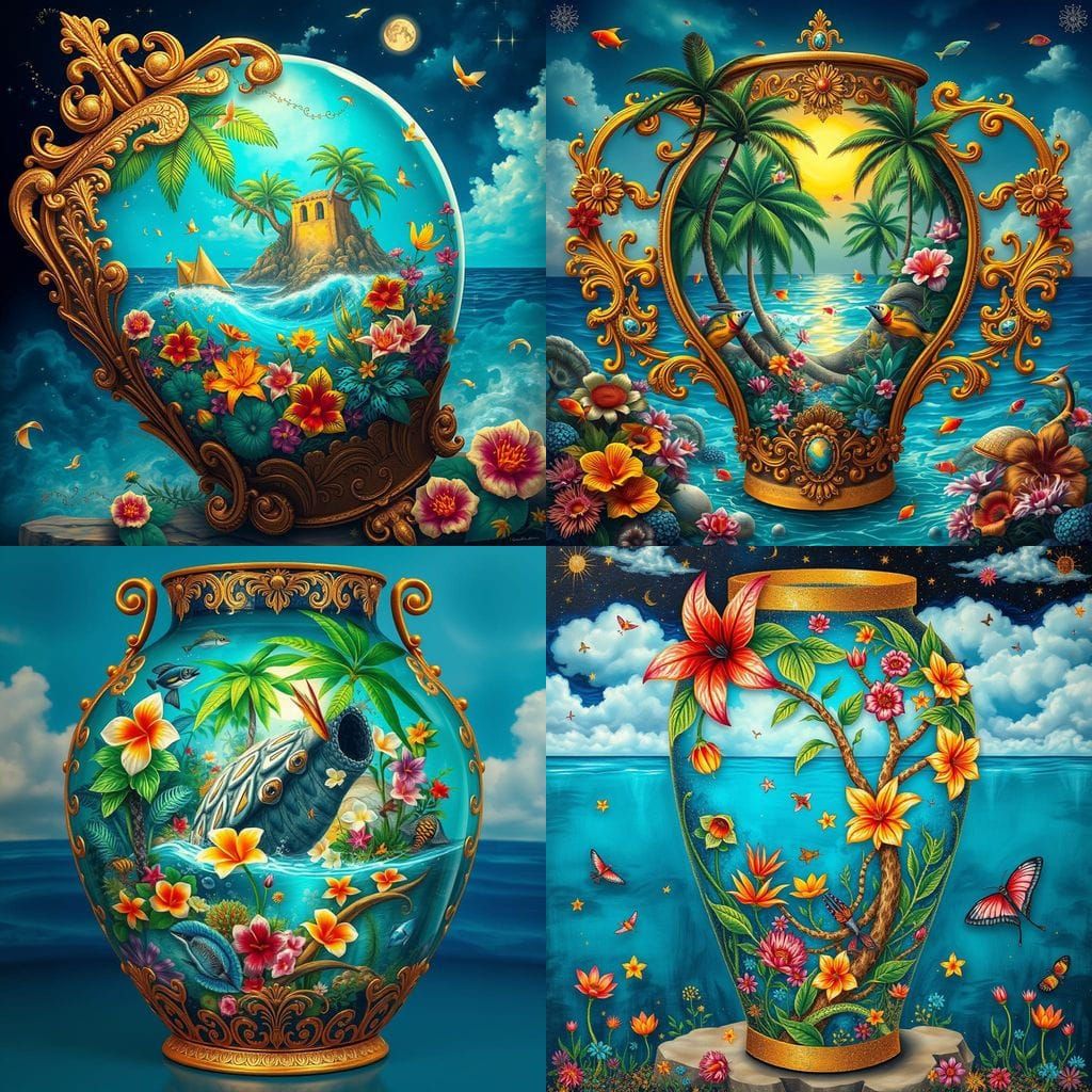 Hawaiian Seascape in Gold Vase, Fairy Punk Style