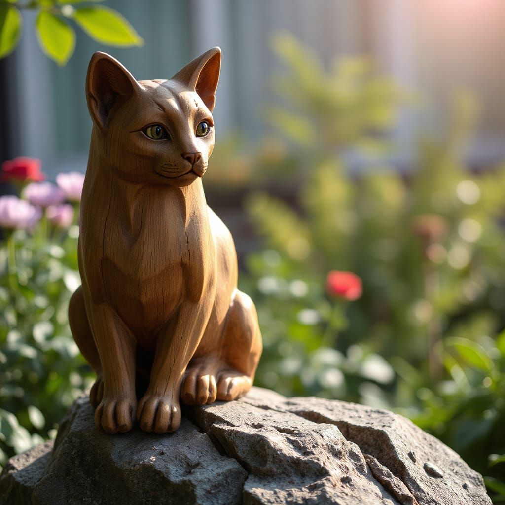 Detailed Wooden Cat Sculpture in Garden Setting