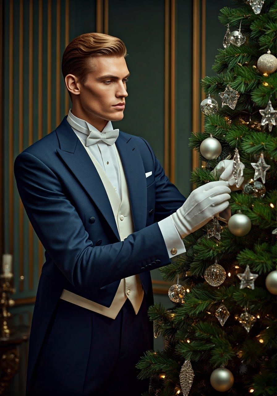 Elegantly Dressed Gentleman Adorns Christmas Tree with Luxur...
