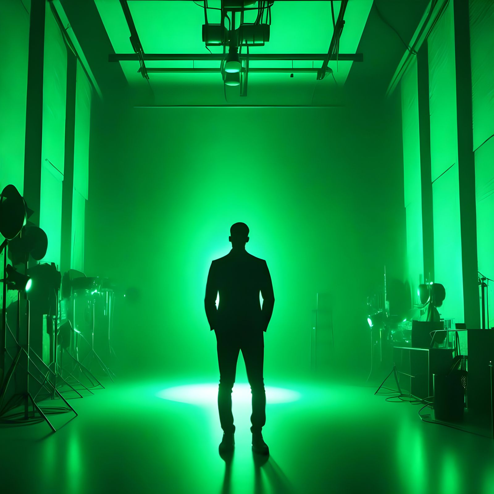 Green Lit Silhouette in Dark Room