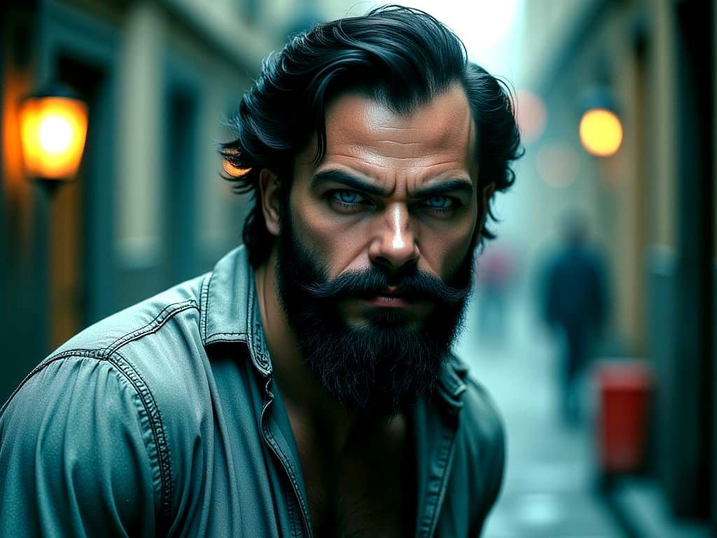 He smiles in anger  and his blue eyes flash