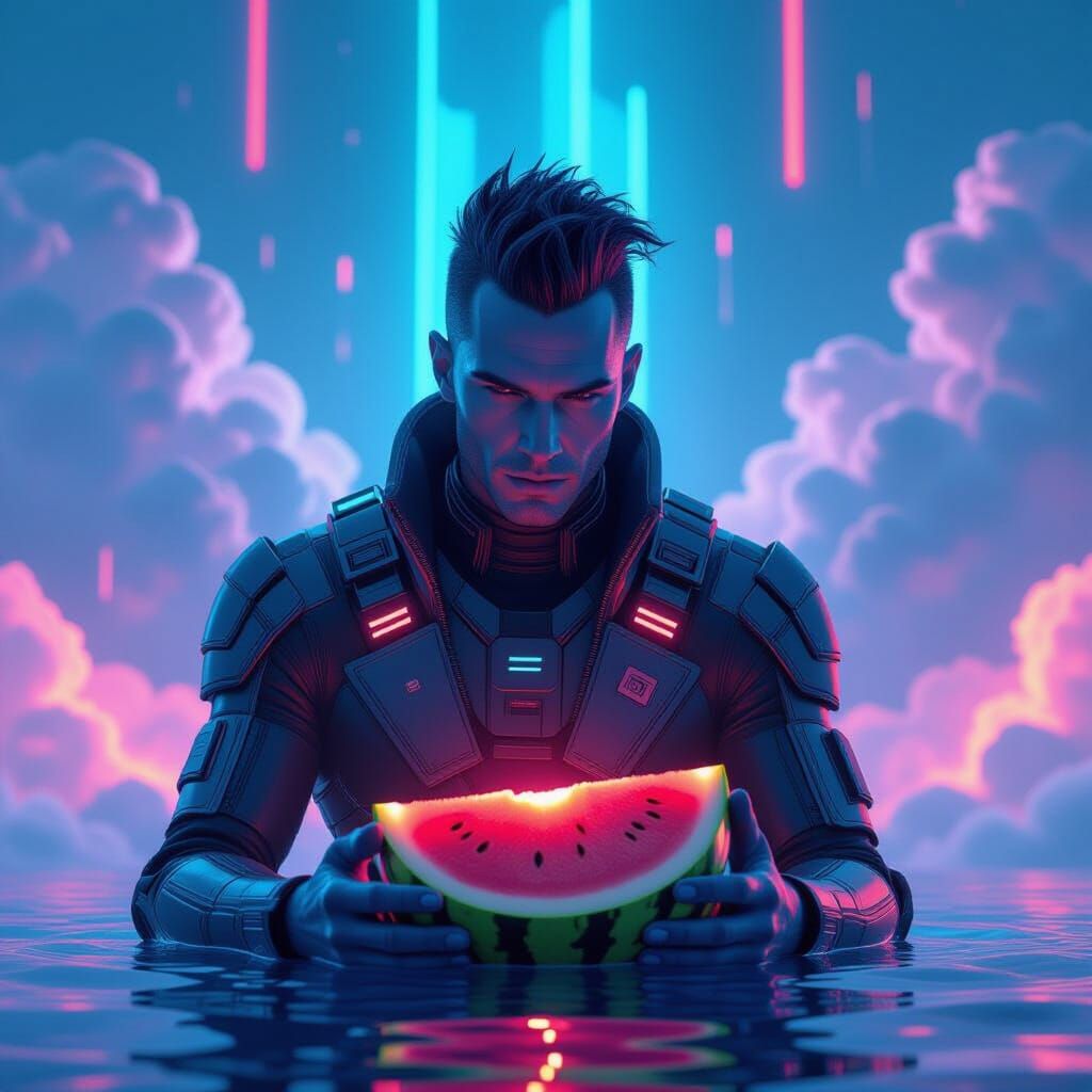 Cyberpunk Humanoid with Watermelon in Neon Clouds