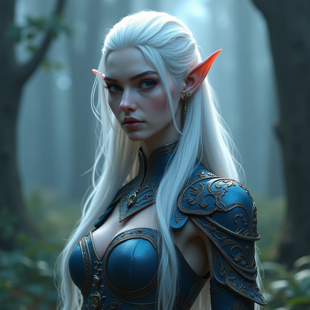 Ethereal Moon Elf in Misty Forest, Digital Art