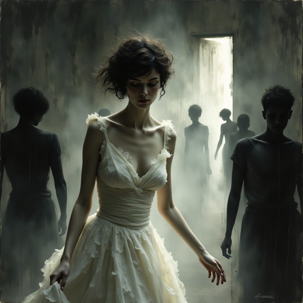 Woman Pursued by Shadows in Dramatic Lighting