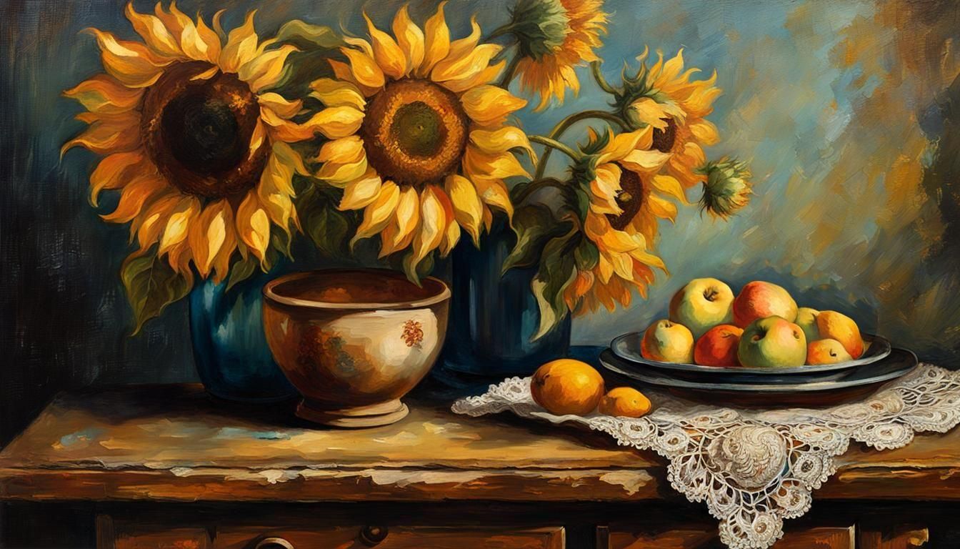 1800's Impasto Oil Painting: Sunflowers and Fruit