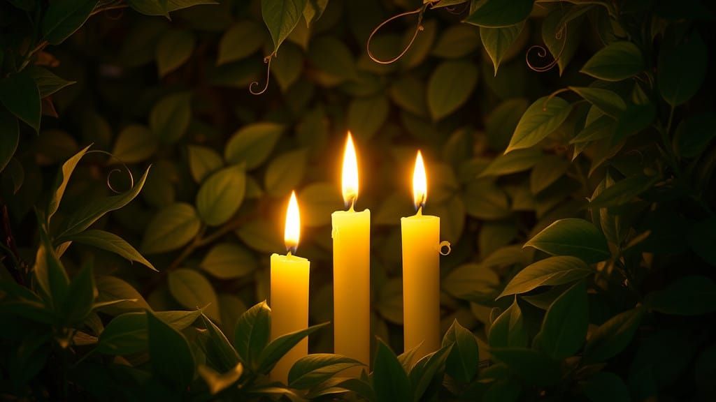 Golden Candlelight in a Lush, Emerald Green Garden