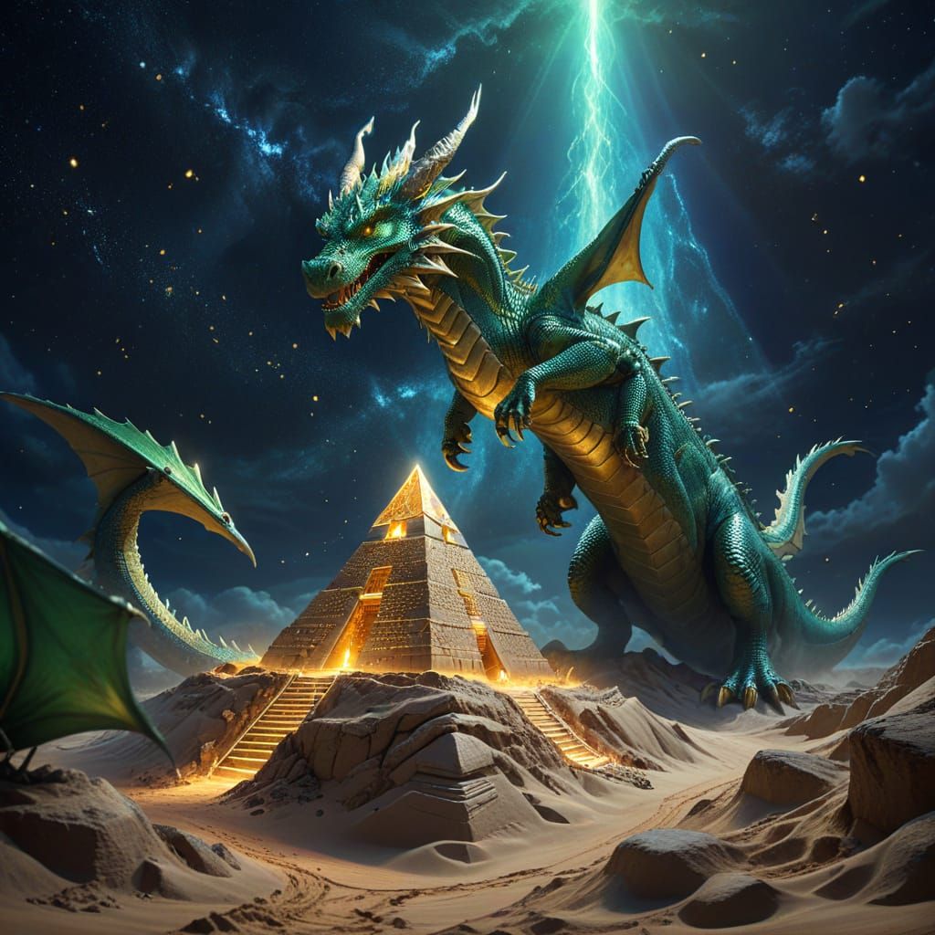 Majestic Dragon Embracing Golden Pyramid