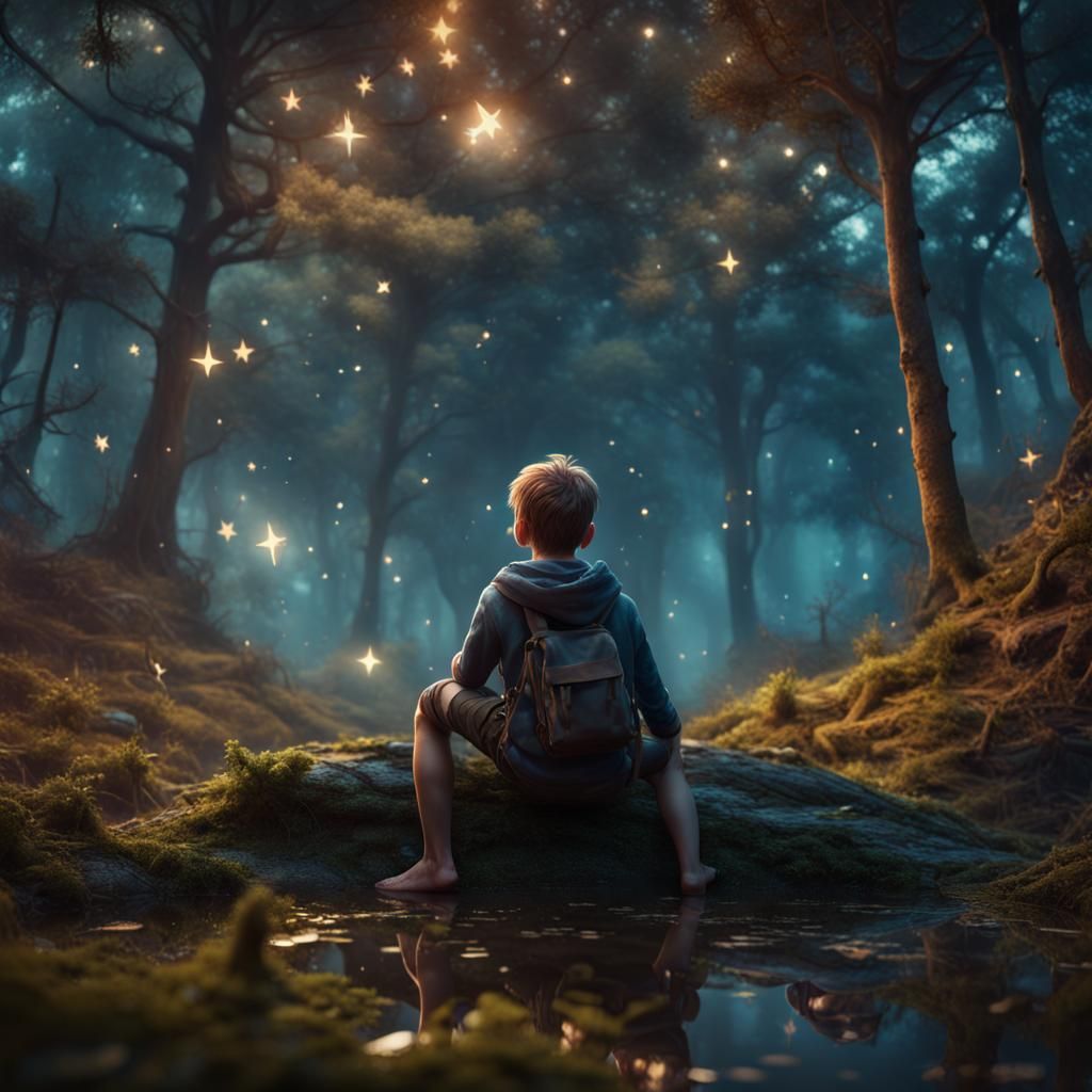 Boy Gazing at Stars in Fantasy Forest