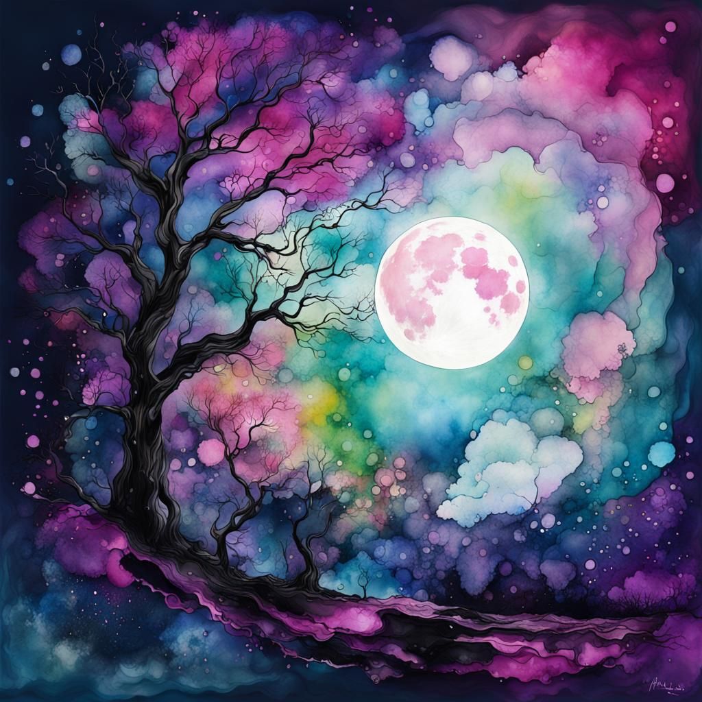 Pink Full Moon in Alcohol Ink Splatter Style