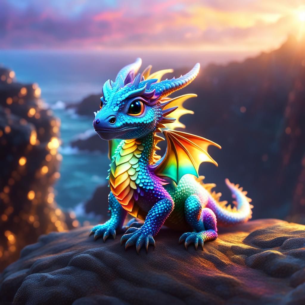 Iridescent Baby Dragon on Cliff in Digital Art