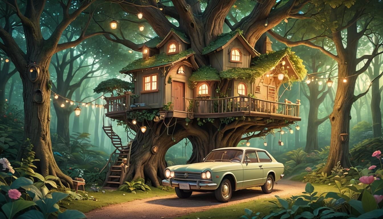 Toy Car Treehouse in Whimsical Watercolor Style