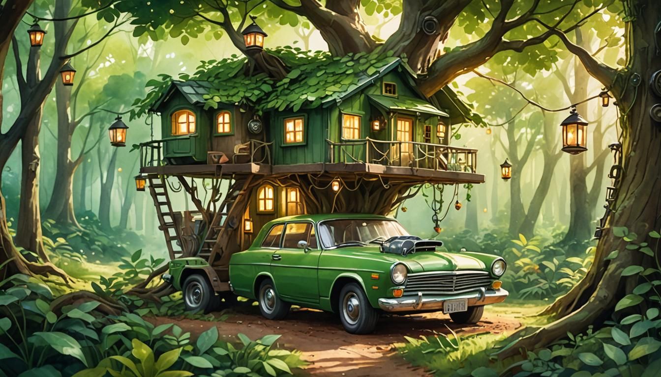 Toy Car Transforming into Treehouse: Watercolor Dream