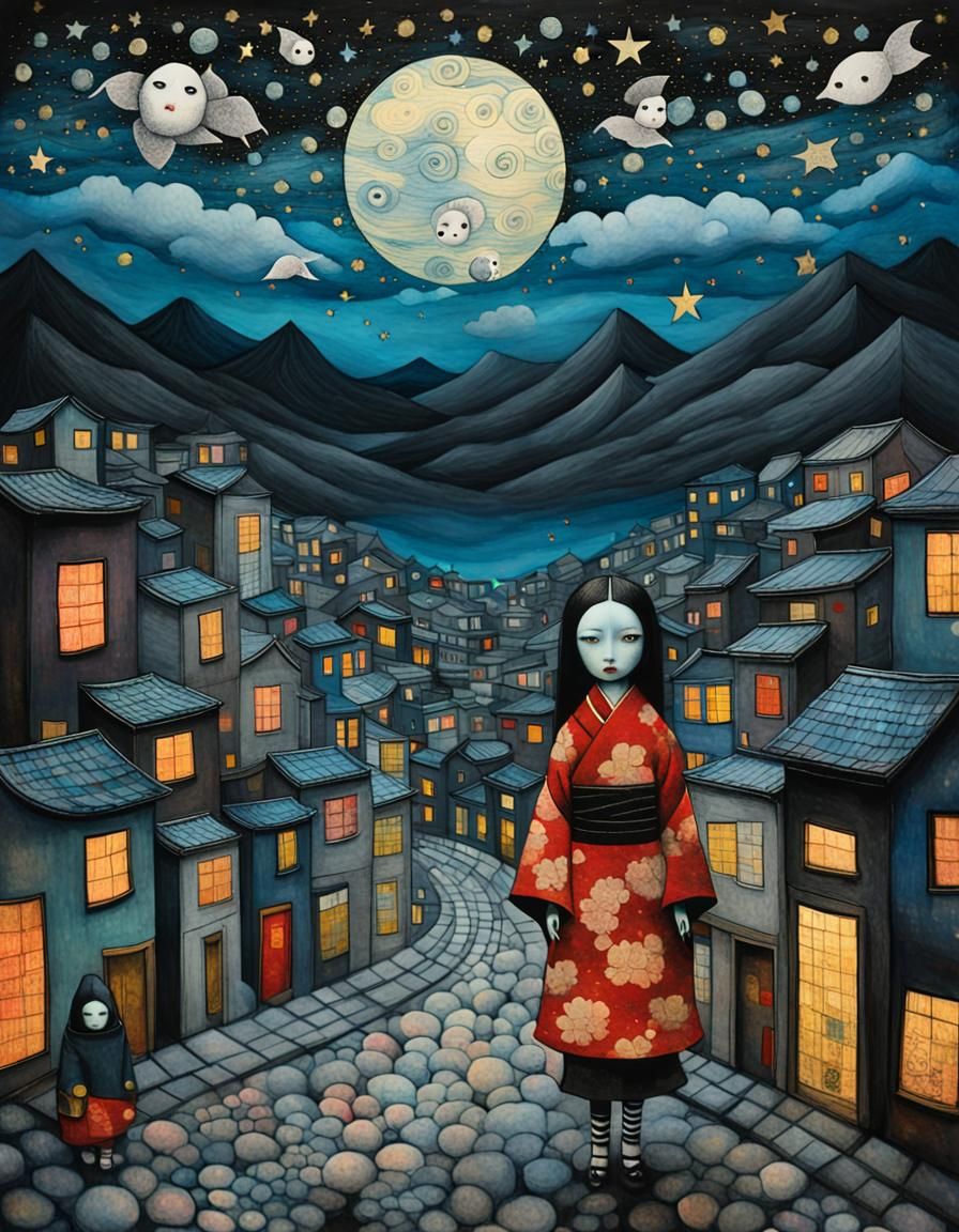 Bunraku Doll in Dark Fantasy Cityscape