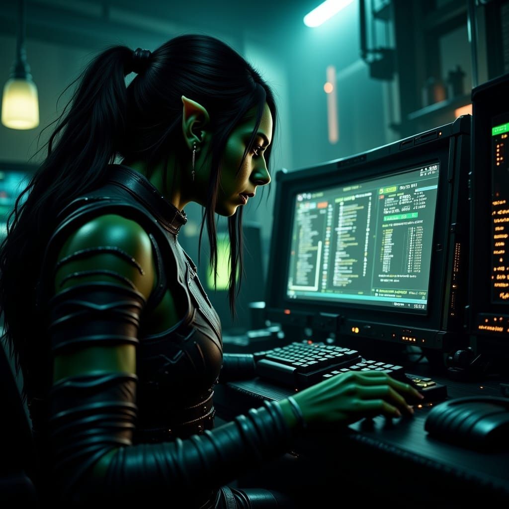 A female elf-orc hacker inside a shadowy computer room, crac...