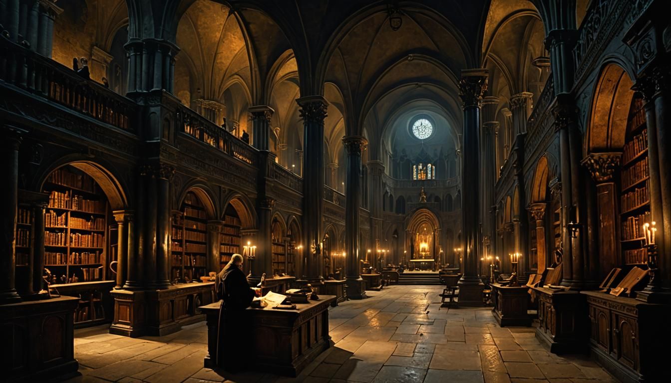 Medieval Monk Studying in Dark Monastery Library