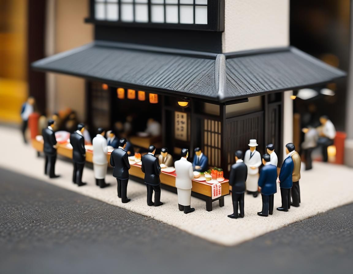 Miniature Japanese Salarymen Queue for Lunch