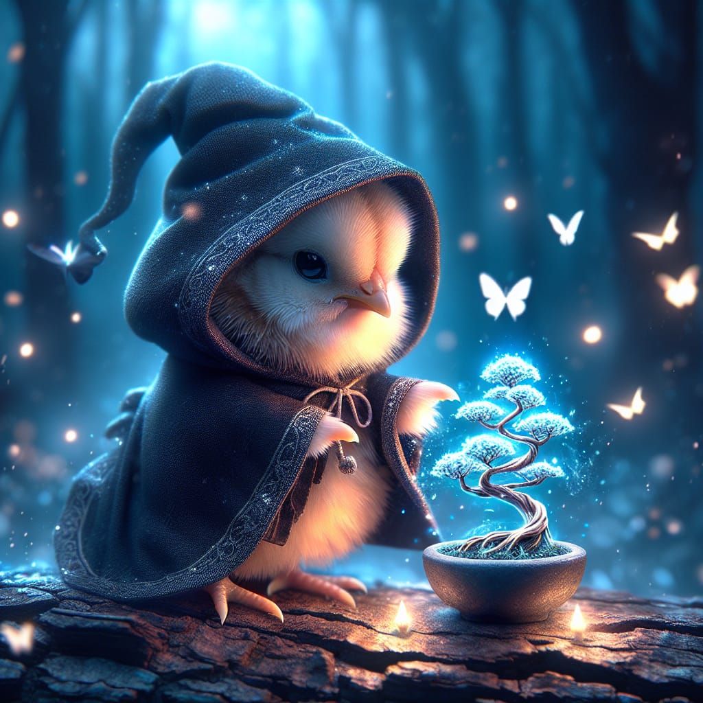 Chibi Chicken Wizard Conjuring Bonsai: Digital Art