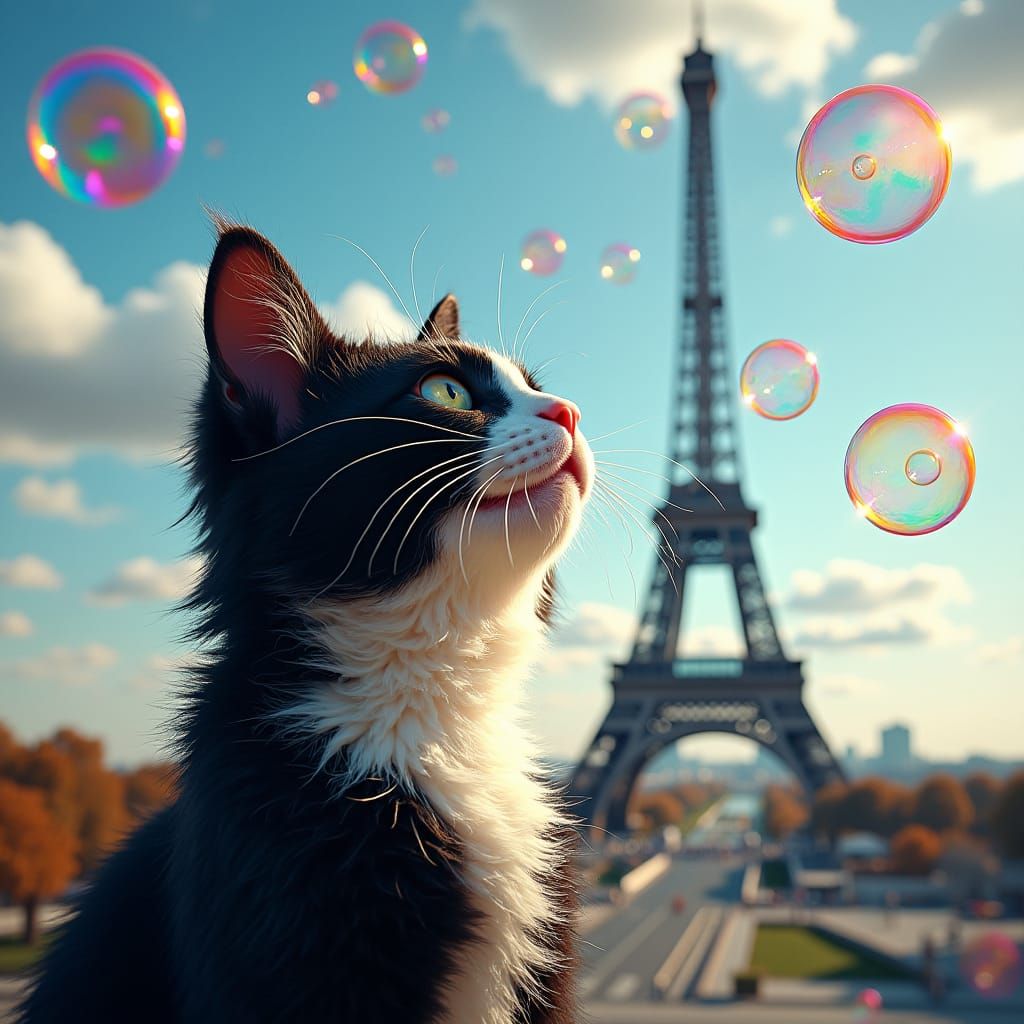 Cat Chasing Bubbles with Eiffel Tower, Splash Art
