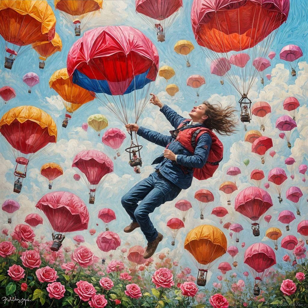 Rose Parachute Jump in Oil Painting Style