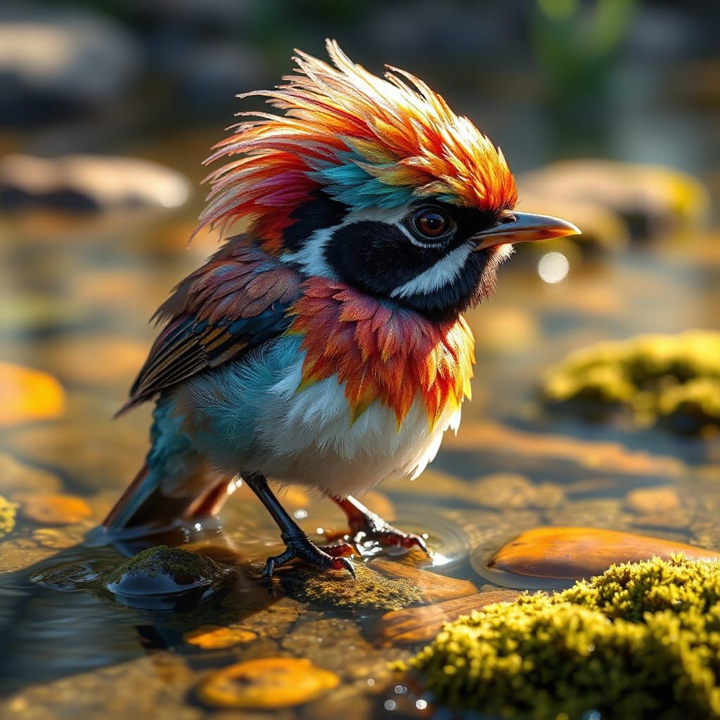 Iridescent Glass Feathered Bird in Crystal Creek