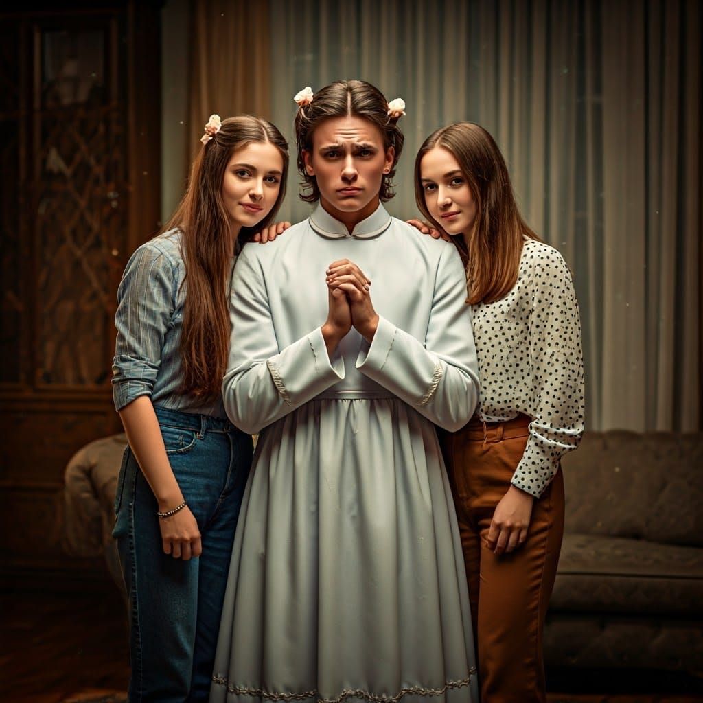 Muscular Man Dressed in First Communion Dress, Surrounded by...