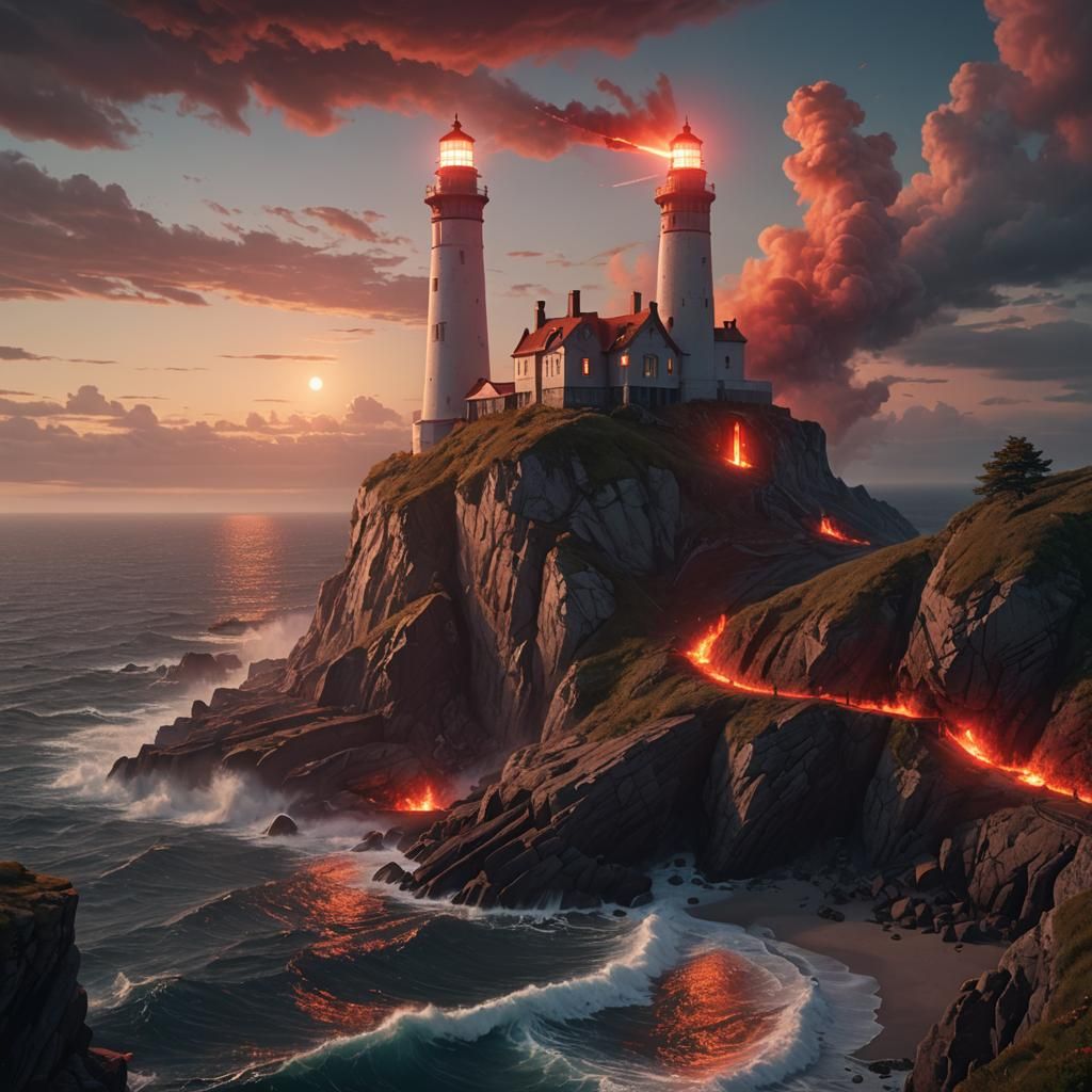 A cliff top landscape with a large lighthouse that looks lik...