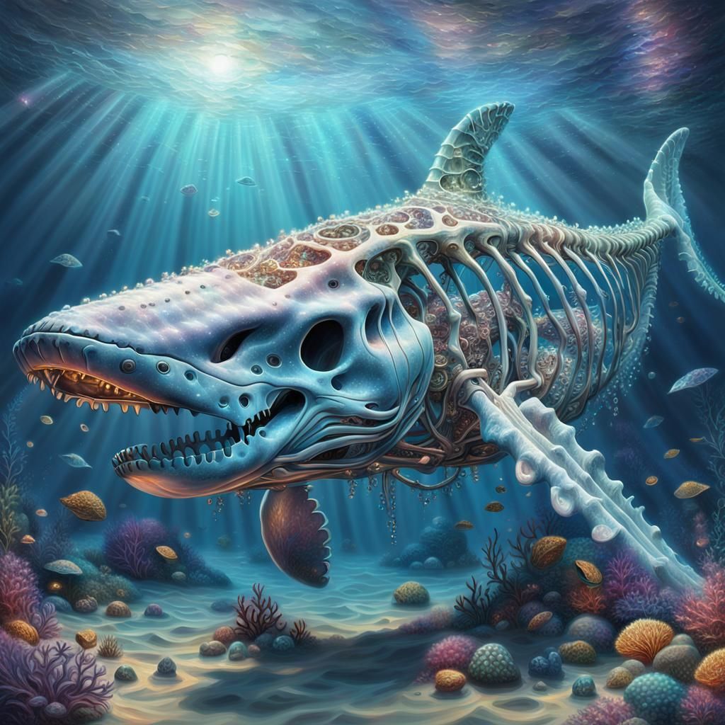 Diamond Whale Skeleton at Ocean Bottom: Hyperrealistic Art