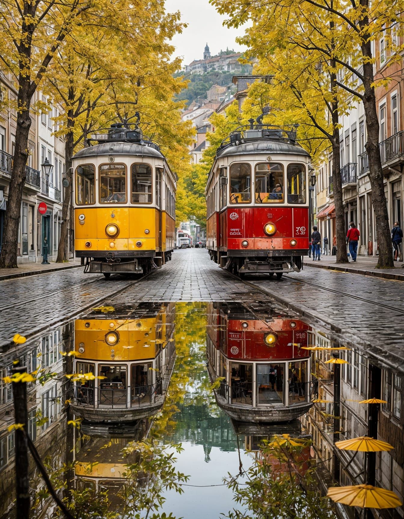 Vintage Trams Reflected in Porto Puddle, Autumn Leaves