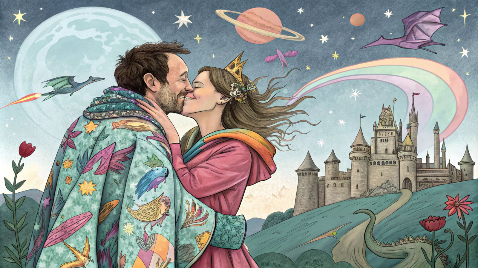 Whimsical Crayon Doodle of Lovers in Fantasy World