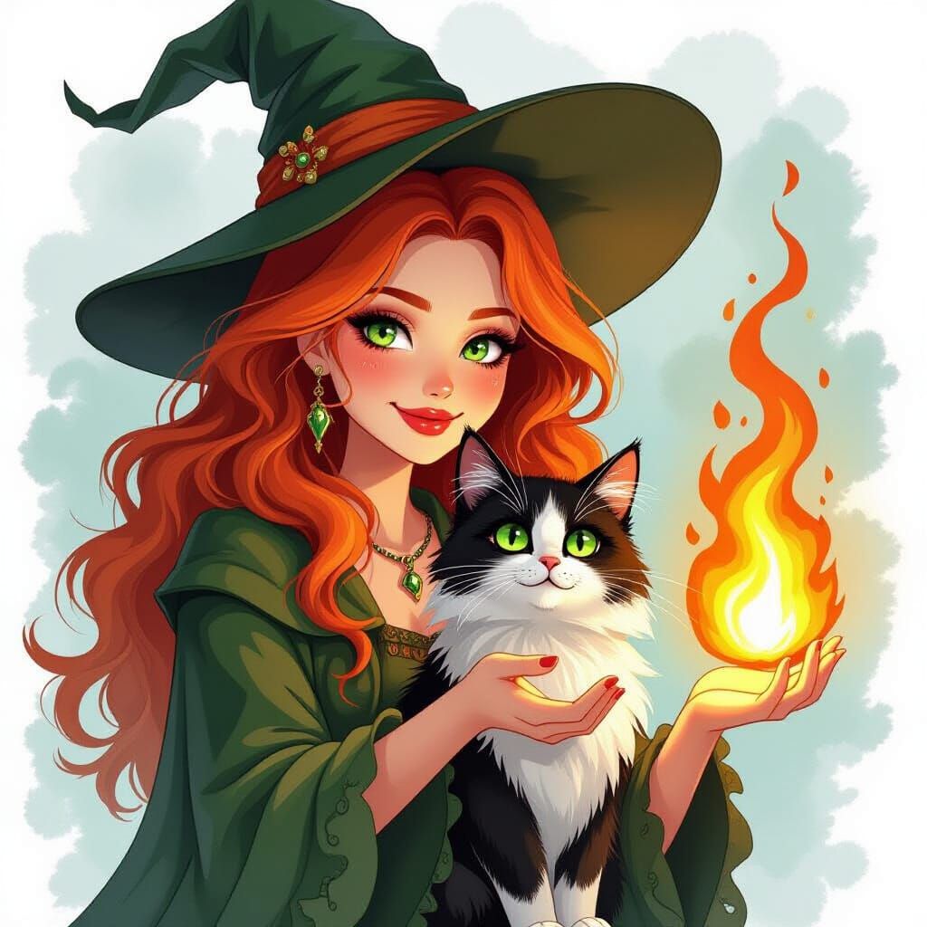 Autumn Witch and Cat Conjuring Fire Magic in Alcohol Ink Sty...