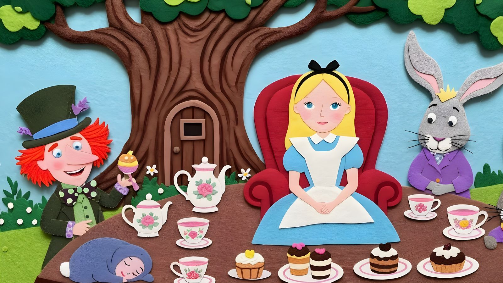 Felted Alice in Wonderland Tea Party, Collage Art