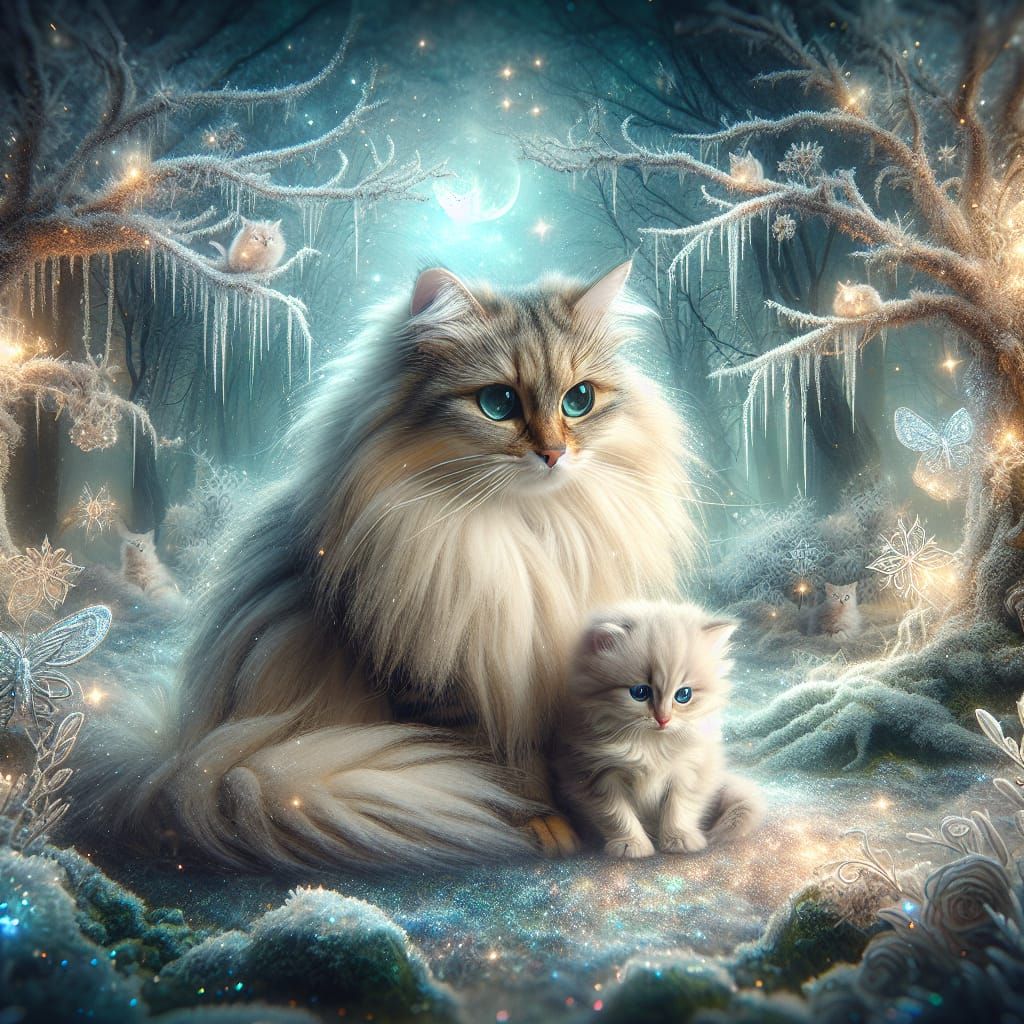 Mother Cat and Kitten in Magical Forest