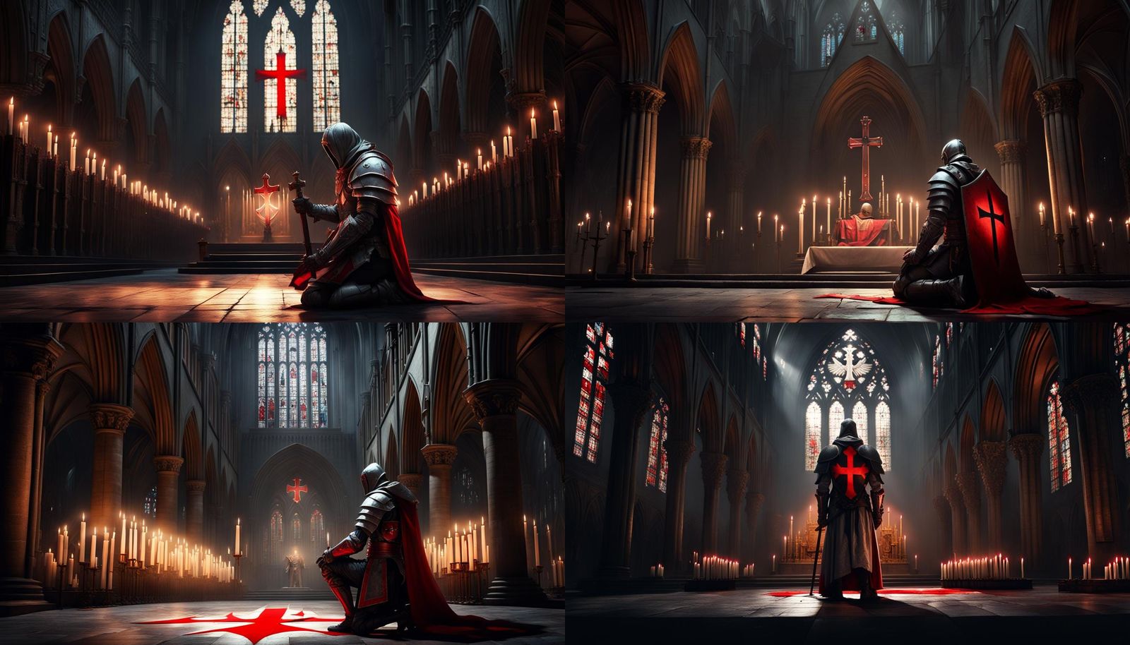 Templar Knight Kneeling in Cathedral, Dark Fantasy Art