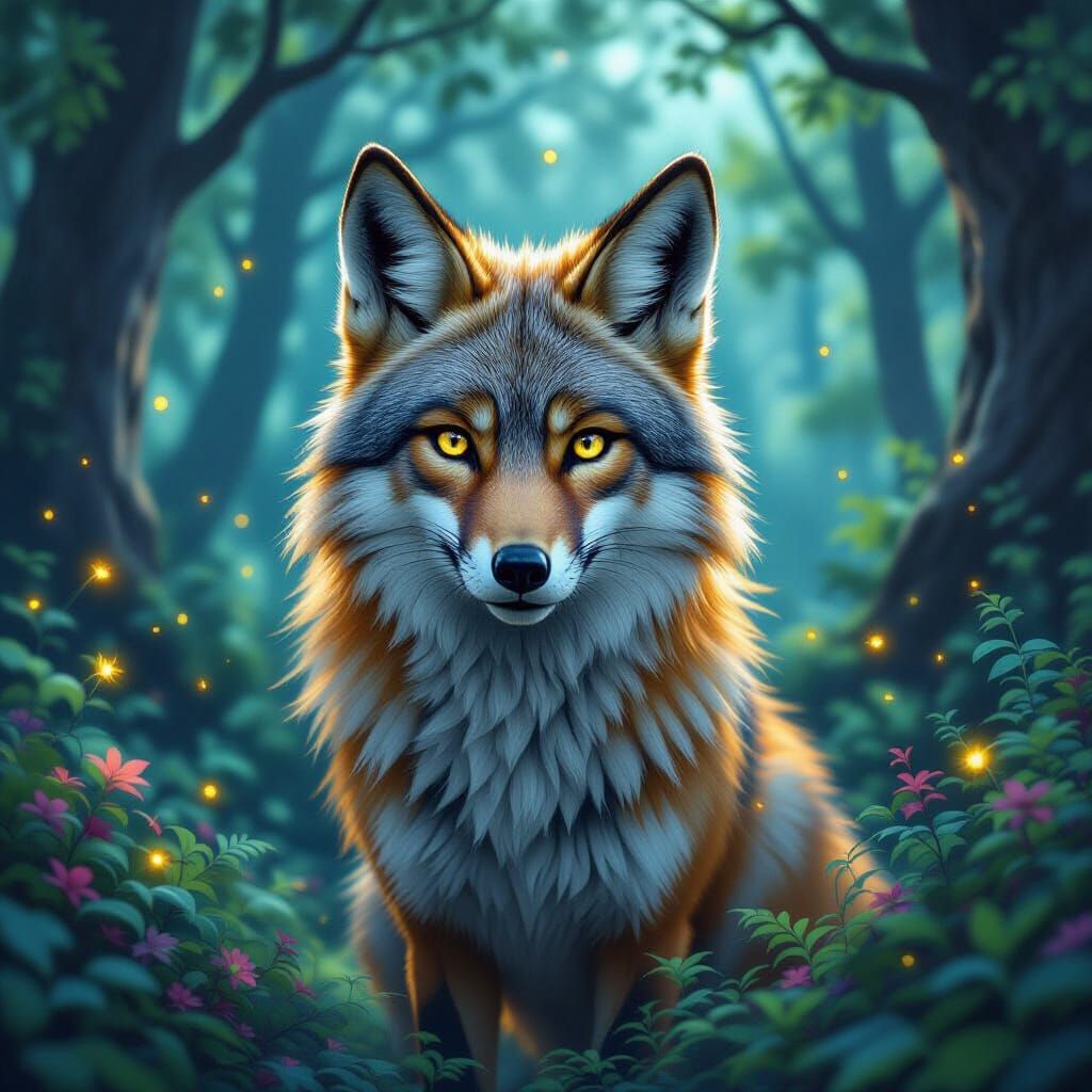 Wolf-Fox Hybrid in Whimsical Fantasy Forest