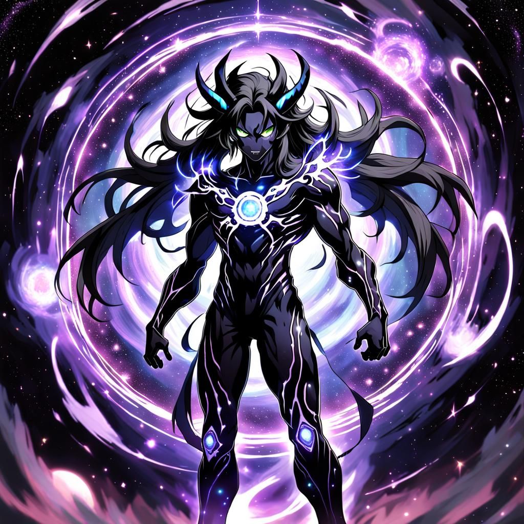 4K anime style quality, digital drawing mode, void-themed demon lord with long dark hair that dissolves into cosmic void...