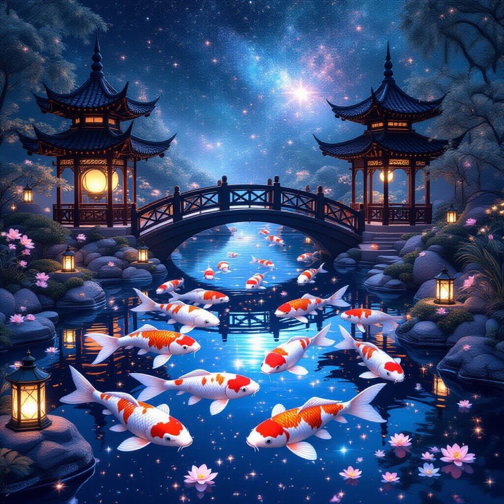 Celestial Koi Pond Among Stars as Digital Art