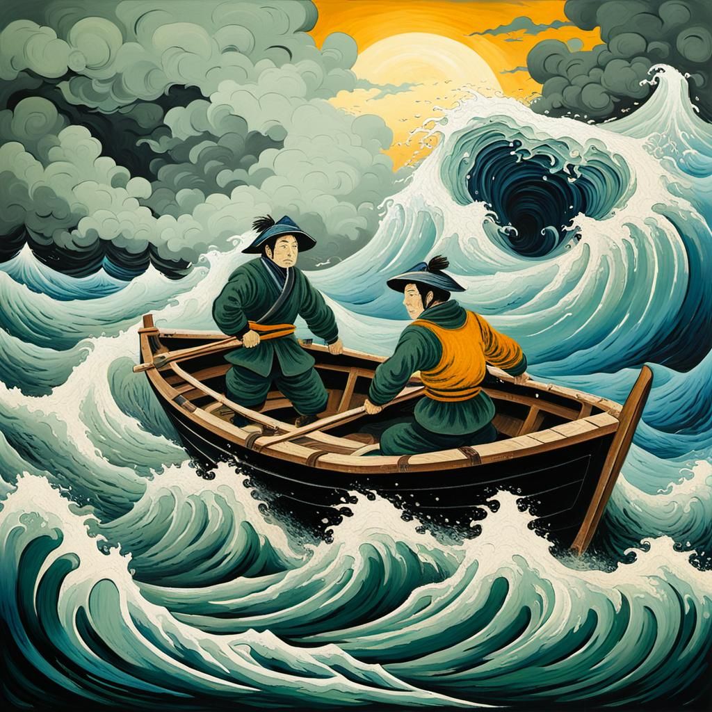 Heroic Sailors Brave Rough Seas in Hokusai Style