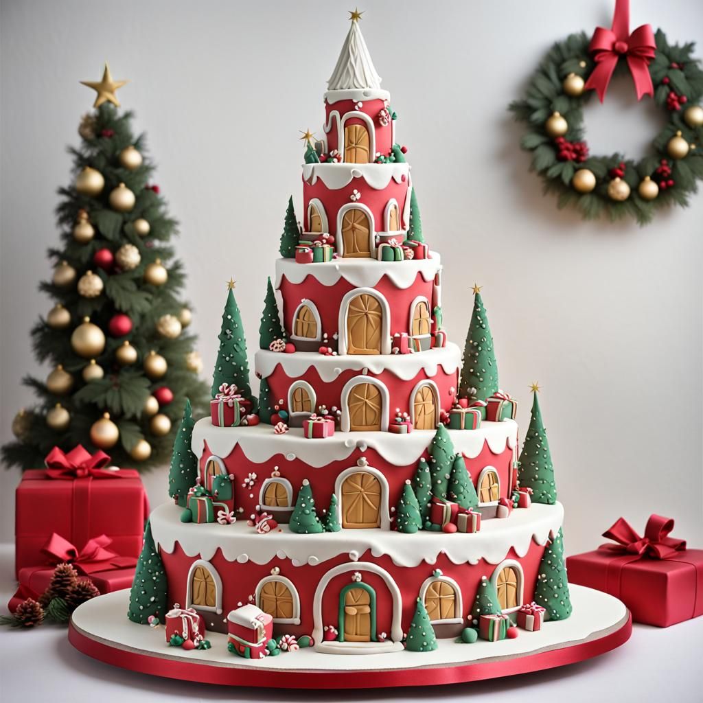 Majestic Christmas Cake Sculpture with Festive Decorations