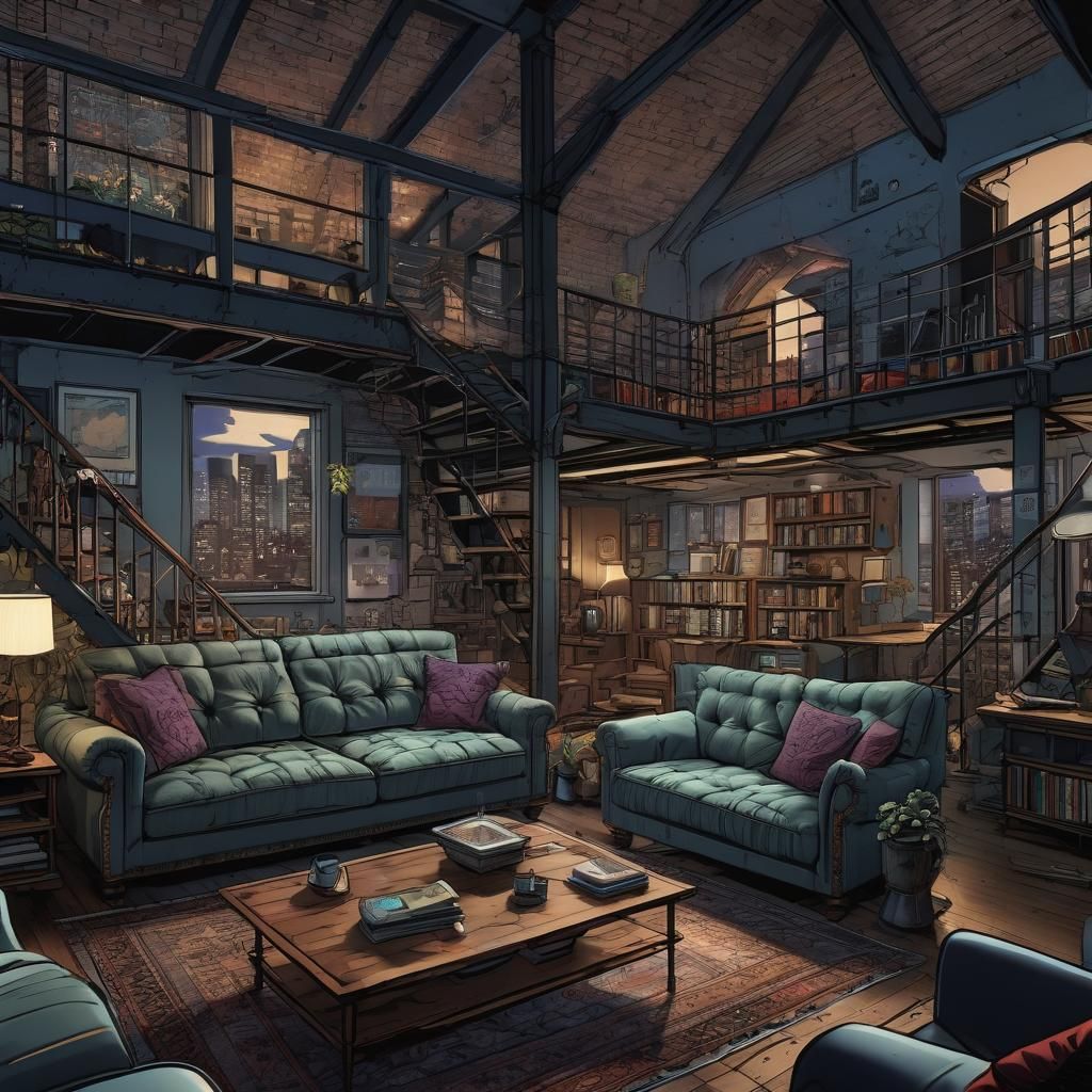 Modern Loft Living Room in Comic Book Style