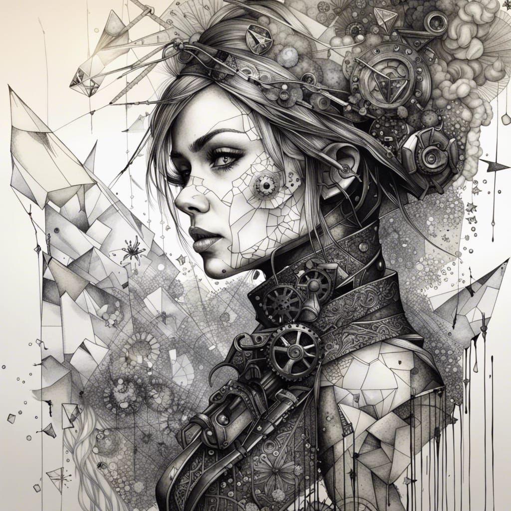 Detailed Monochromatic Ink Drawing of Steampunk Woman