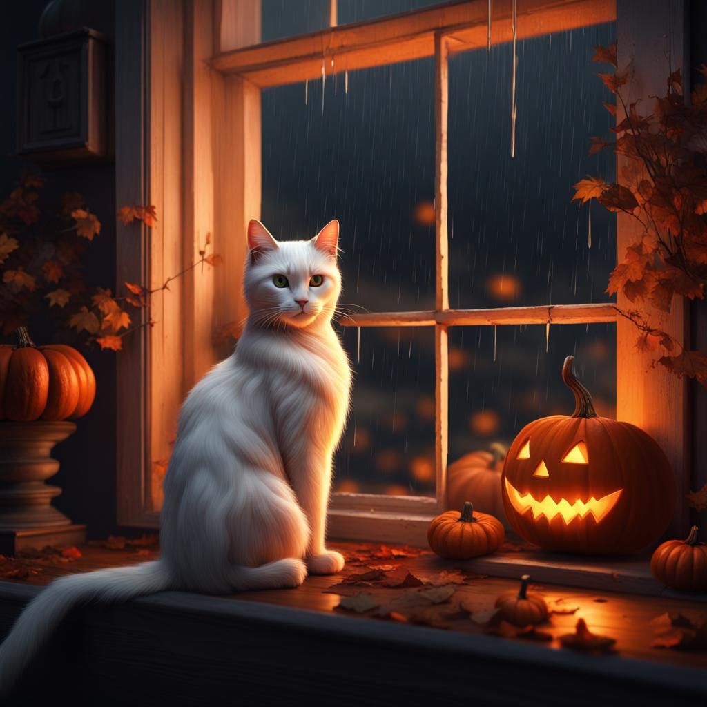 Halloween Night: White Cat by the Window