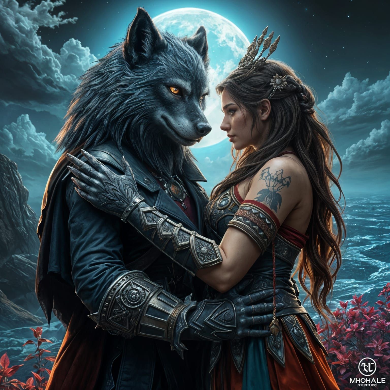 Wolf Man and Fantasy Maiden in Intimate Moment