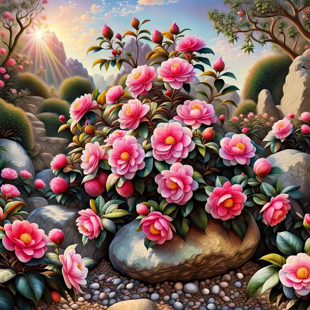 Hyperdetailed Camellia Bush in Rock Garden