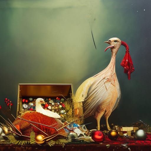 Turkey in a Christmas Gift Box as Oil Painting